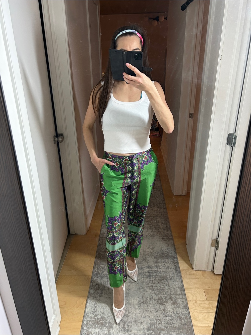 ZARA Satin Printed Straight Leg Pants XS | Green Paisley | Silky Pajama Style